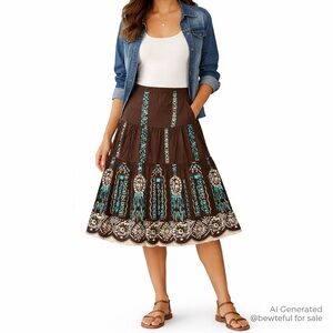 Alexia Brown Embroidered Cotton A-Line Skirt | Lined Boho Midi large